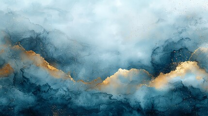 Abstract watercolor artwork featuring blue and gold tones, evoking a serene atmosphere.