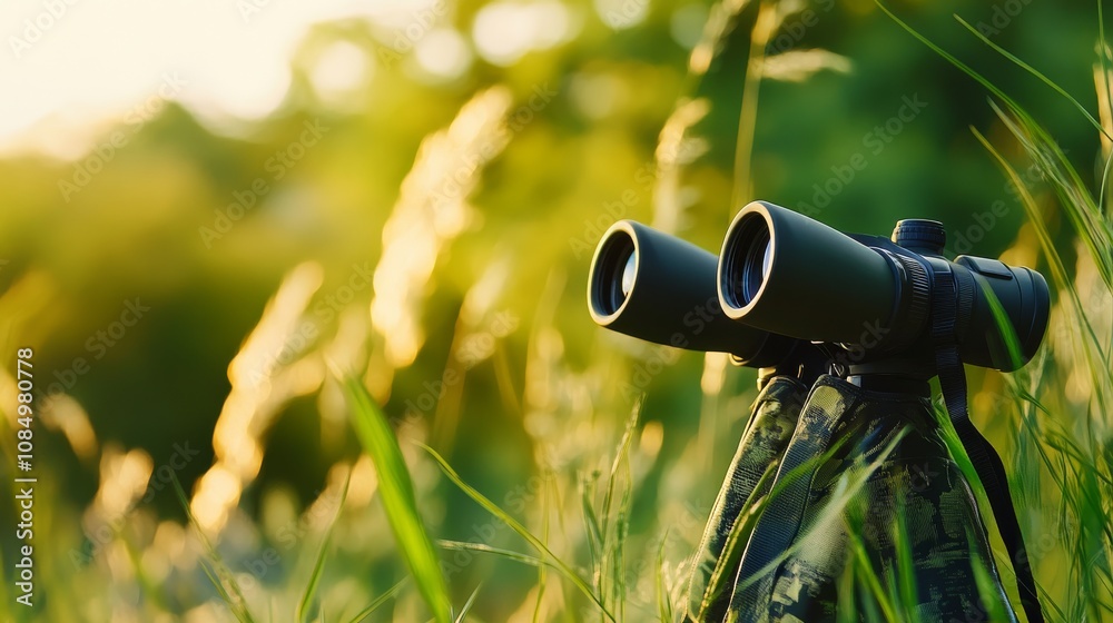 Poster A relaxing birdwatching session in a tranquil nature reserve, Binoculars and field guides ready for observation, Wildlife discovery style