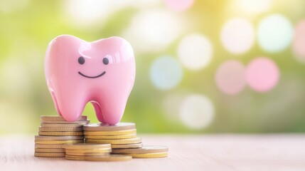 A pink tooth figurine sits on a stack of coins, symbolizing the rising costs of dental care in a sunny, vibrant atmosphere
