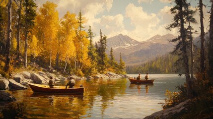 Naklejka premium Two boats on a calm lake in autumn.