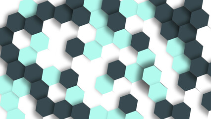 Seamless pattern of interconnected hexagons in various shades of blue and green, Green and White Wallpaper with Geometric Elegance.
