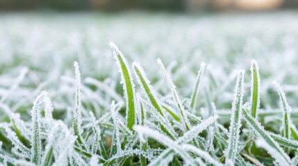 Delicate frost blankets the winter grass, creating a shimmering effect as the sun rises, illuminating the cold landscape