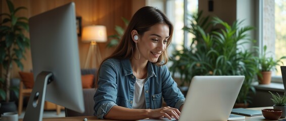 young, technology, professional, home, laptop, working, modern, monitor, lifestyle, business, office, cyberspace, freelance, online, woman, adult, female, indoors, communication, off, remote, nomad, c