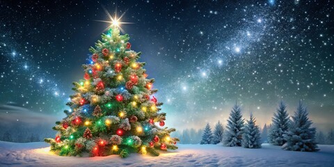 A Festive Evergreen Stands Tall Against a Starry Night Sky, Its Branches Adorned With Sparkling Lights and Ornaments, Reflecting The Magic of the Season