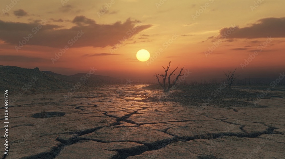 Poster A desolate desert landscape with a sun setting in the background