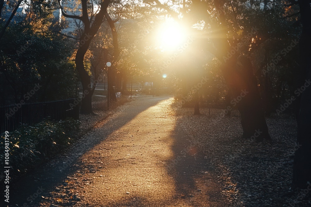 Poster A path through a park with the sun setting in the background.