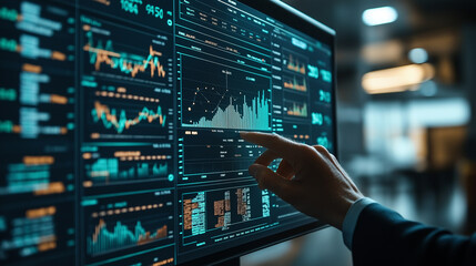 Business professional analyzing statistical report on digital screen  