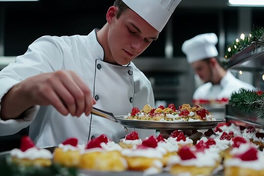 Chef Preparing Elegant New Year's Eve Appetizers, Culinary Excellence, Festive Garnish, Holiday Celebrations, Gourmet, Delight, Appetizer Concept