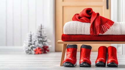 Obraz premium Winter interiors composition. Cozy winter decor with red boots and a warm blanket.
