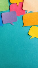 A variety of colorful speech bubbles in different shapes scatter across a bright blue background, inviting conversation and creativity