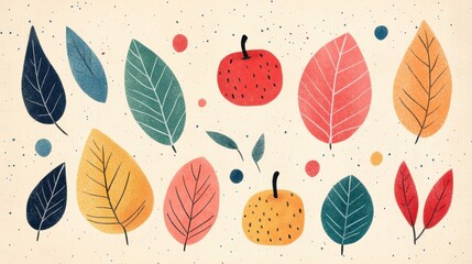 Obraz premium Playful illustration of colorful autumn leaves and fruits in a simple, modern style on a speckled beige background.