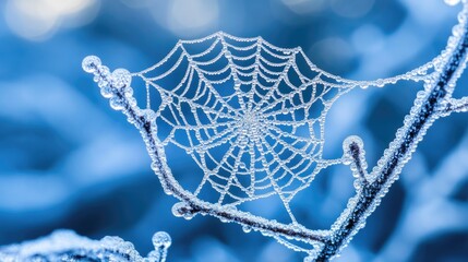 A delicate spider web, adorned with dewdrops, sparkles softly against a blurred, light-filled backdrop.