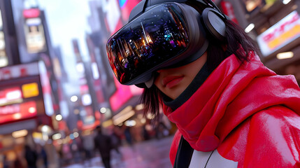 Woman in Red Wearing Virtual Reality Headset in City Setting - 3D Illustration
