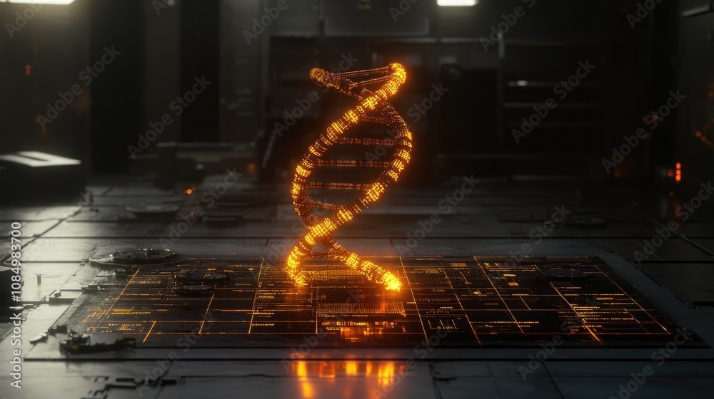 Poster a digital rendering of a dna double helix with glowing edges, surrounded by a grid of scientific dat