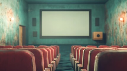 An empty vintage cinema with rows of classic red seats facing a blank screen, surrounded by worn teal walls and nostalgic ambiance.