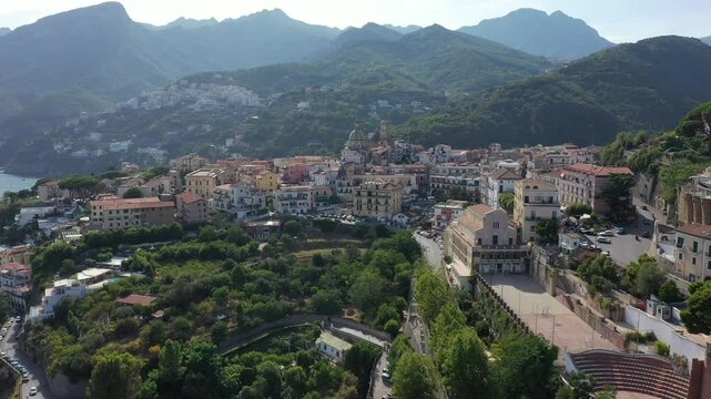 Aerial view of the sea, promenade and central part of the town of Vietri sul Mare on a sunny summer day, Raite, Salerno, Italy