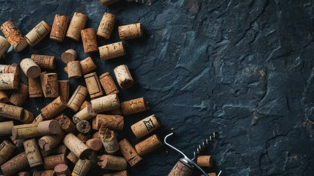 Rustic wine corks on dark textured background with corkscrew. Ideal for wine-related content, culinary art, or rustic lifestyle themes. Perfect for blogs and social media. Generative AI