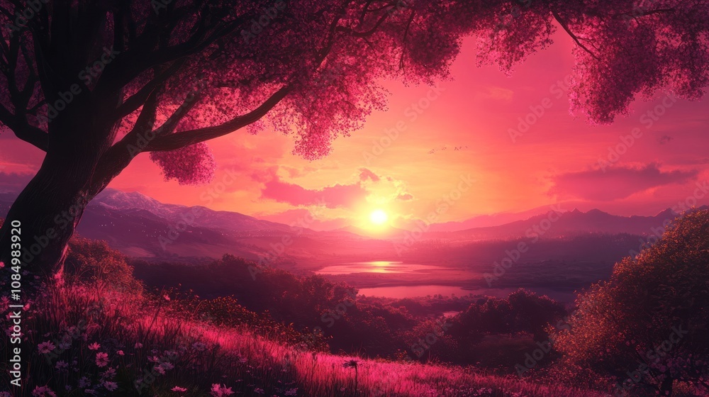 Poster a majestic pink sunset illuminates a tranquil landscape, with a single tree standing sentinel in the