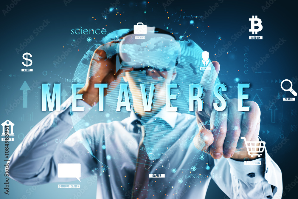 Poster businessman with vr headset interacting with virtual icons representing the metaverse concept on a d
