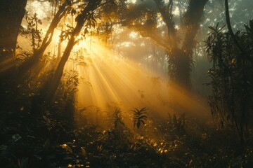Sunbeams breaking through the canopy of a dense rainforest, creating a magical and ethereal atmosphere.