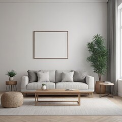 Cozy Modern Living Room Interior with Elegant Furniture and Blank Canvas on Bold white Wall – 3D Rendering