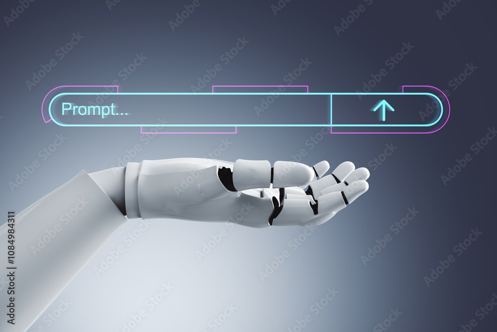 Poster Robotic hand reaching towards futuristic prompt search bar on dark background, representing AI and technology interaction. 3D Rendering
