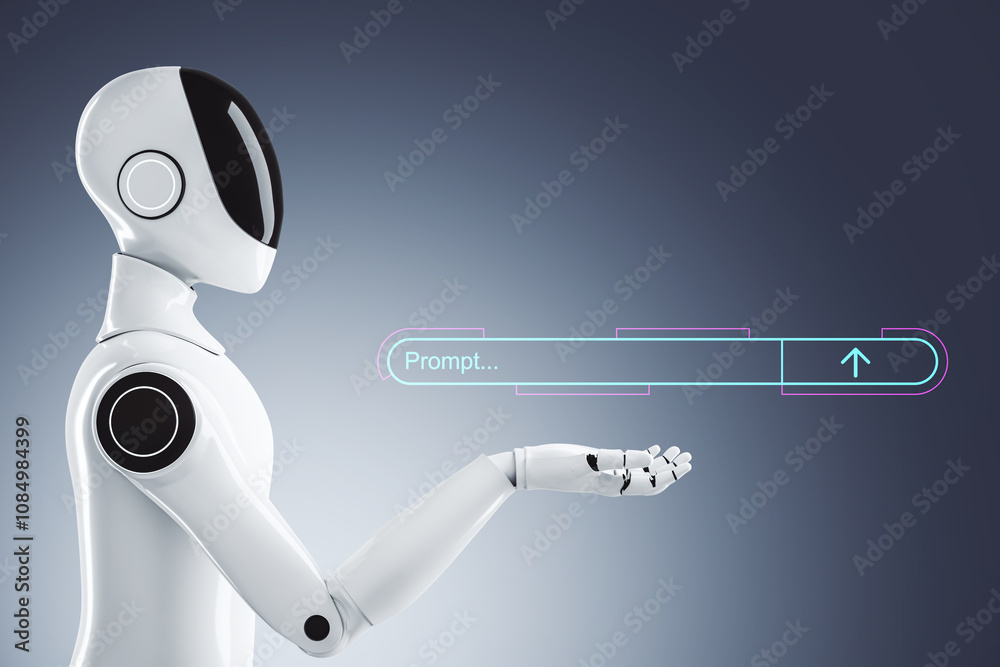 Aufkleber Robot presenting a digital prompt interface on blue gradient background, representing AI technology and user interaction concept. 3D Rendering