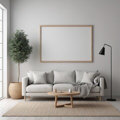 Cozy Modern Living Room Interior with Elegant Furniture and Blank Canvas on Bold white Wall – 3D Rendering