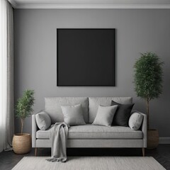 Cozy Modern Living Room Interior with Elegant Furniture and Blank Canvas on Bold Black Wall – 3D Rendering
