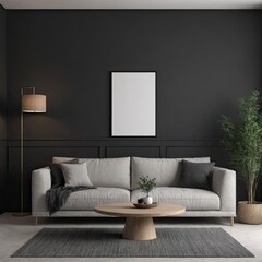 Cozy Modern Living Room Interior with Elegant Furniture and Blank Canvas on Black Wall – 3D Rendering
