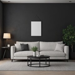 Cozy Modern Living Room Interior with Elegant Furniture and Blank Canvas on Black Wall – 3D Rendering