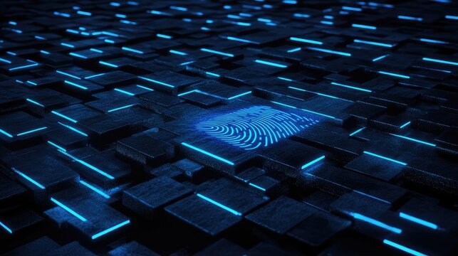 A futuristic fingerprint reader illuminates as a person finger touches the surface for secure scanning.