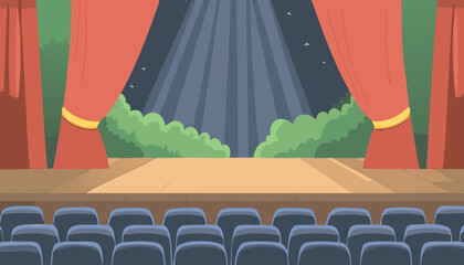 Illustration of an empty cinema stage with red curtains and seats.