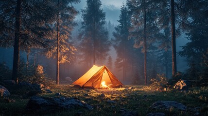 A cozy tent illuminated by a warm fire, surrounded by tall trees in a serene forest during twilight.