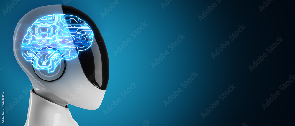 Poster Futuristic robot with glowing digital brain on blue background, representing artificial intelligence concept. 3D Rendering