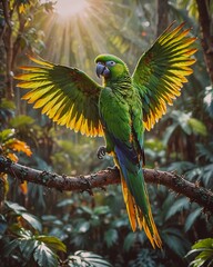 Obraz premium Green parrot flying in the forest with sunlight sky