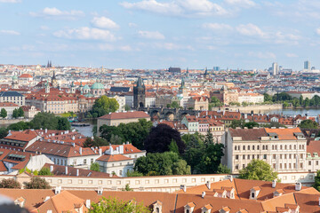 View  of the historical part of the city from the fortress protective wall of Third courtyard of Prague Castle in Prague in Czech Republic