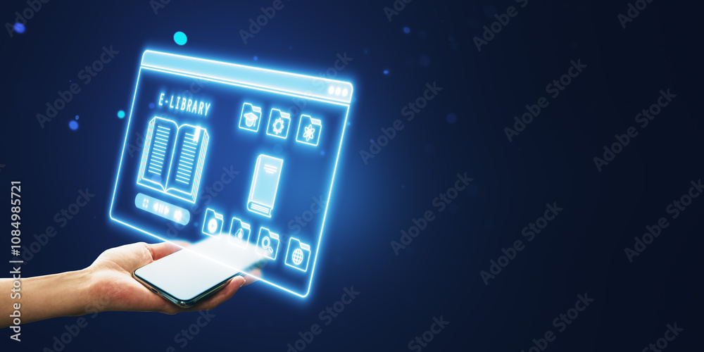 Poster Smartphone Displaying Virtual E-Library Interface in Neon Glow.