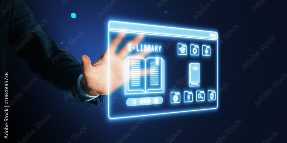 Poster neon hologram of e-library interface with hand on dark background.