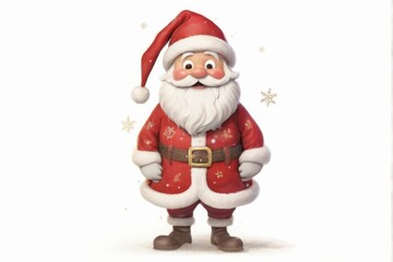 Fototapeta premium Whimsical Cartoon Santa Claus in Traditional Red Suit with Snowflakes, Smiling and Standing with Hands in Pockets