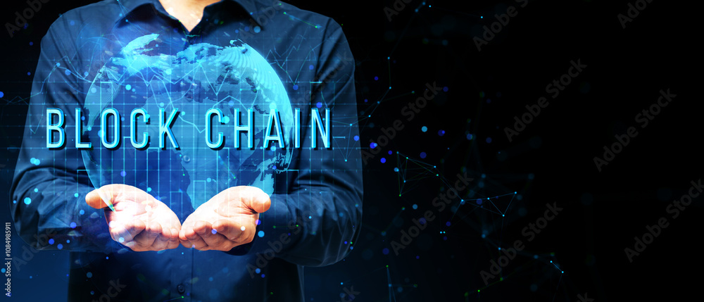 Poster Hands holding a holographic globe with Blockchain text on a dark background.