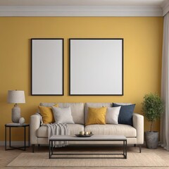 Cozy Modern Living Room Interior with Elegant Furniture and Blank Canvas on Bold Yellow Wall – 3D Rendering