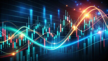 Fototapeta premium Abstract Data Visualization of Fluctuating Market Trends with Glowing Lines and Bar Charts