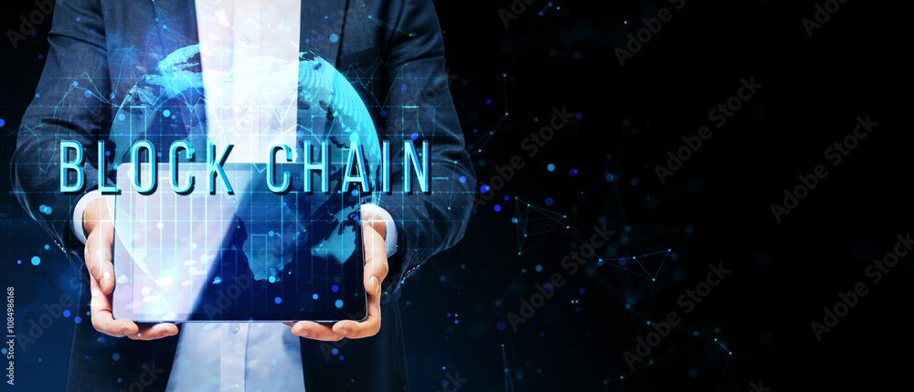 Aufkleber businessperson holding a holographic globe with the word blockchain on a futuristic digital backgrou