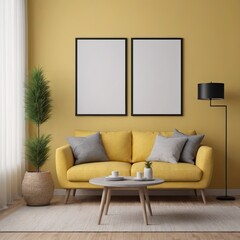 Cozy Modern Living Room Interior with Elegant Furniture and Blank Canvas on Bold Yellow Wall – 3D Rendering
