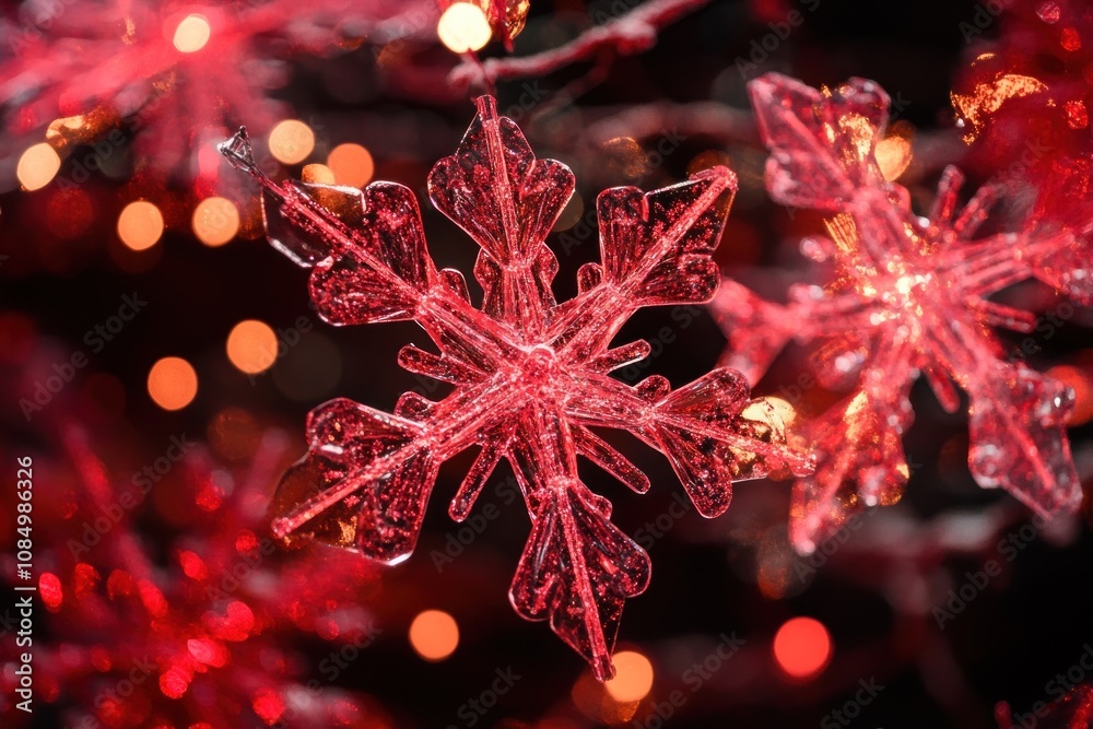 Poster two red plastic snowflakes hang on a branch with blurred red lights in the background.