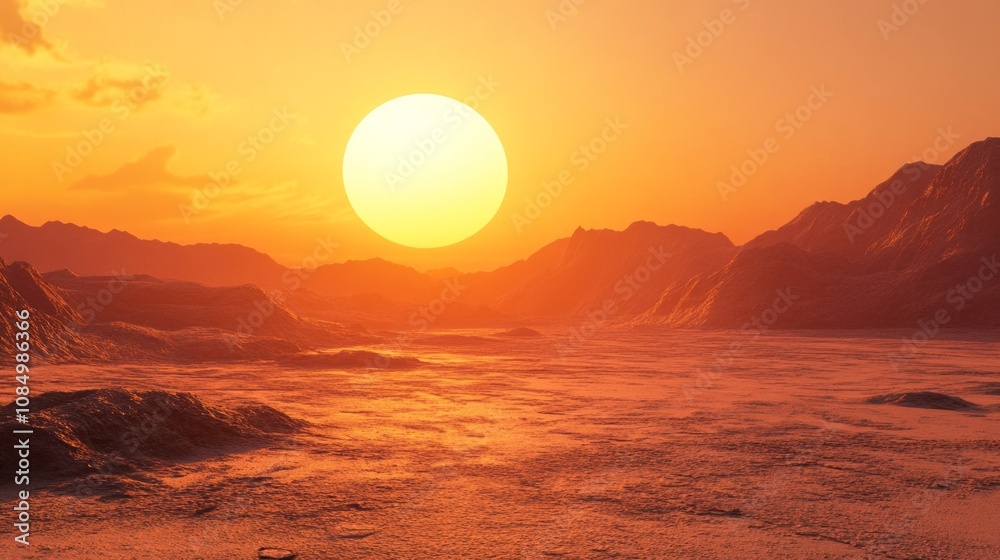 Poster a large sun is setting over a desert landscape