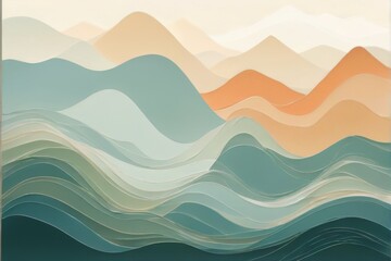 Abstract serene landscape with wavelike mountains in shades of blue, green, orange on light beige background.