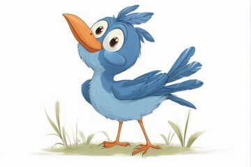 Obraz premium Blue Bird Cartoon Illustration with Orange Beak on Grass Whimsical Bird Drawing with Spread Wings and Round Eyes