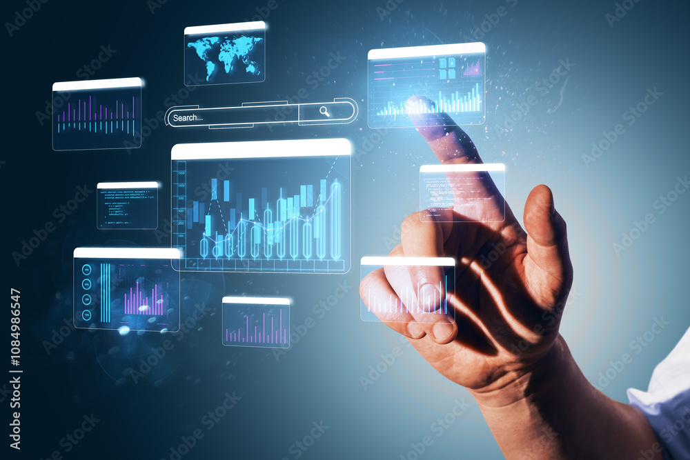 Poster Hand interacting with digital financial charts and graphs on a futuristic touch screen interface in a business and technology concept.